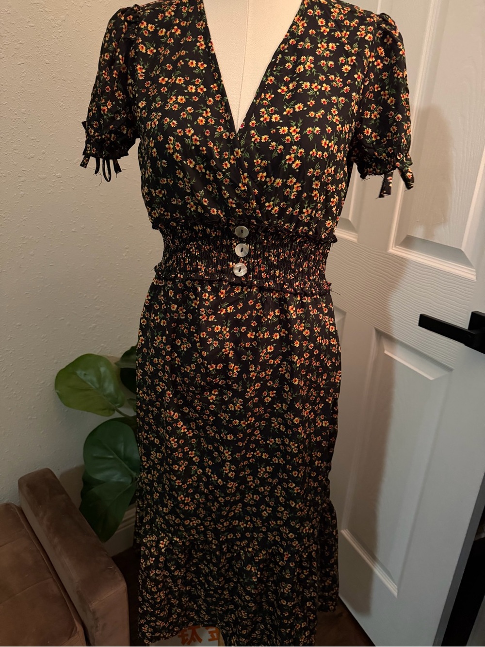 Black Floral Smocked Waist Midi Dress